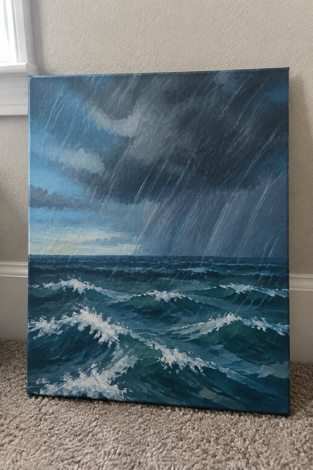 Stormy seascape painting with crashing teal waves, white foam, and rain under dark clouds on canvas.