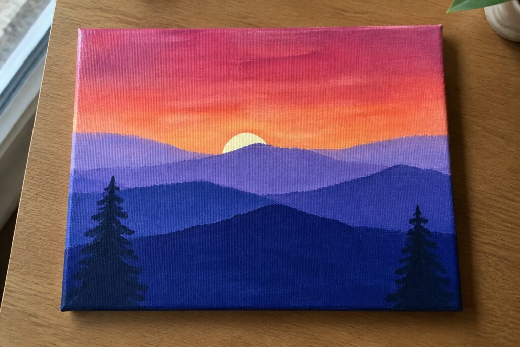 Layered mountain sunset painting with purple peaks, orange sky, yellow sun, and dark pine trees.
