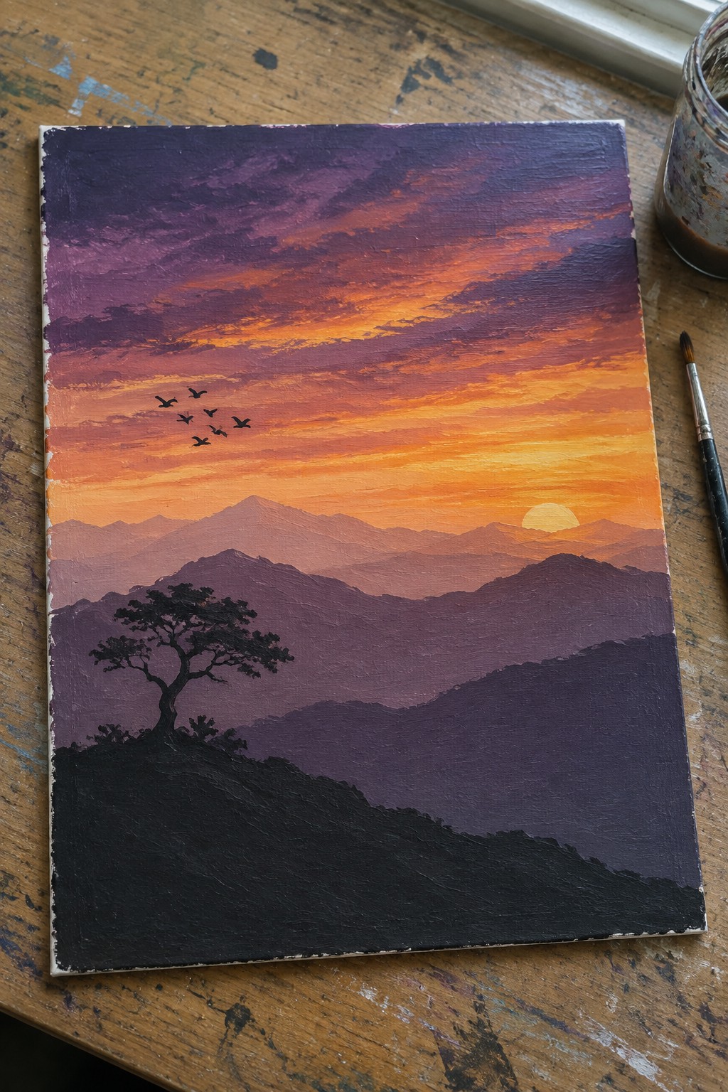 Sunset painting with layered purple mountains, silhouetted tree, orange sky, and flying birds.