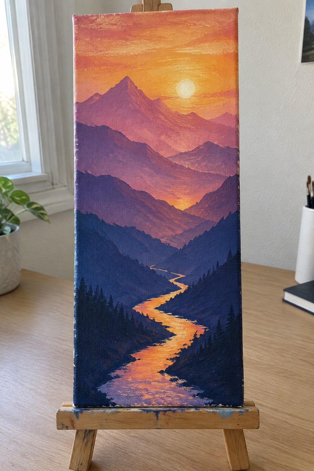 Colorful layered mountain sunset painting with glowing orange river on wooden easel.