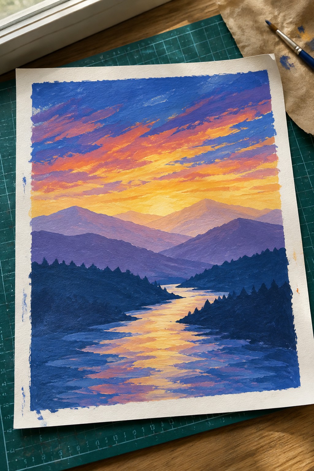 Acrylic painting of a vibrant sunset sky over layered mountains with a glowing river reflection and dark tree silhouettes in the foreground.