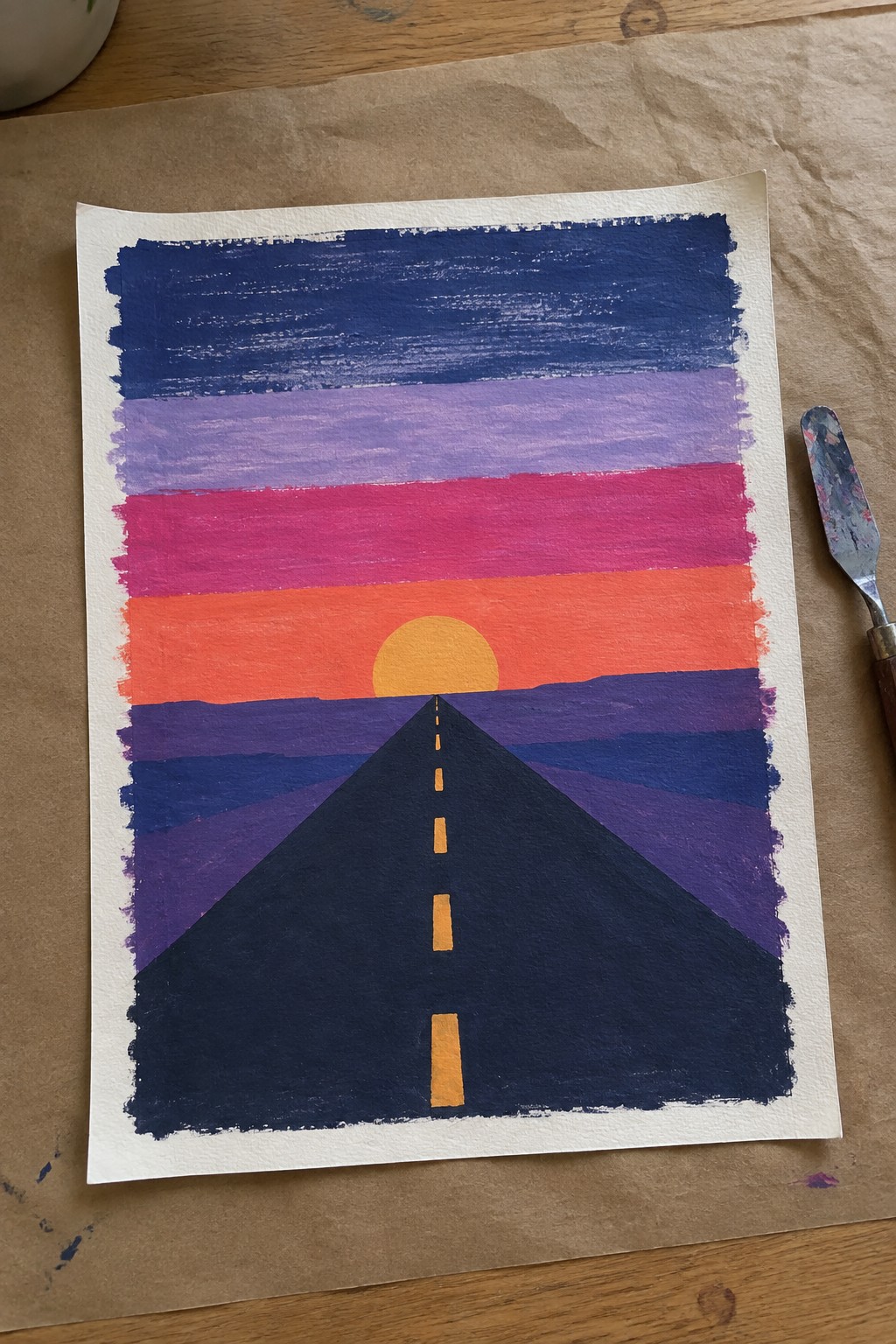 Sunset painting with blue-purple-pink-orange stripes, yellow sun, and dark perspective road