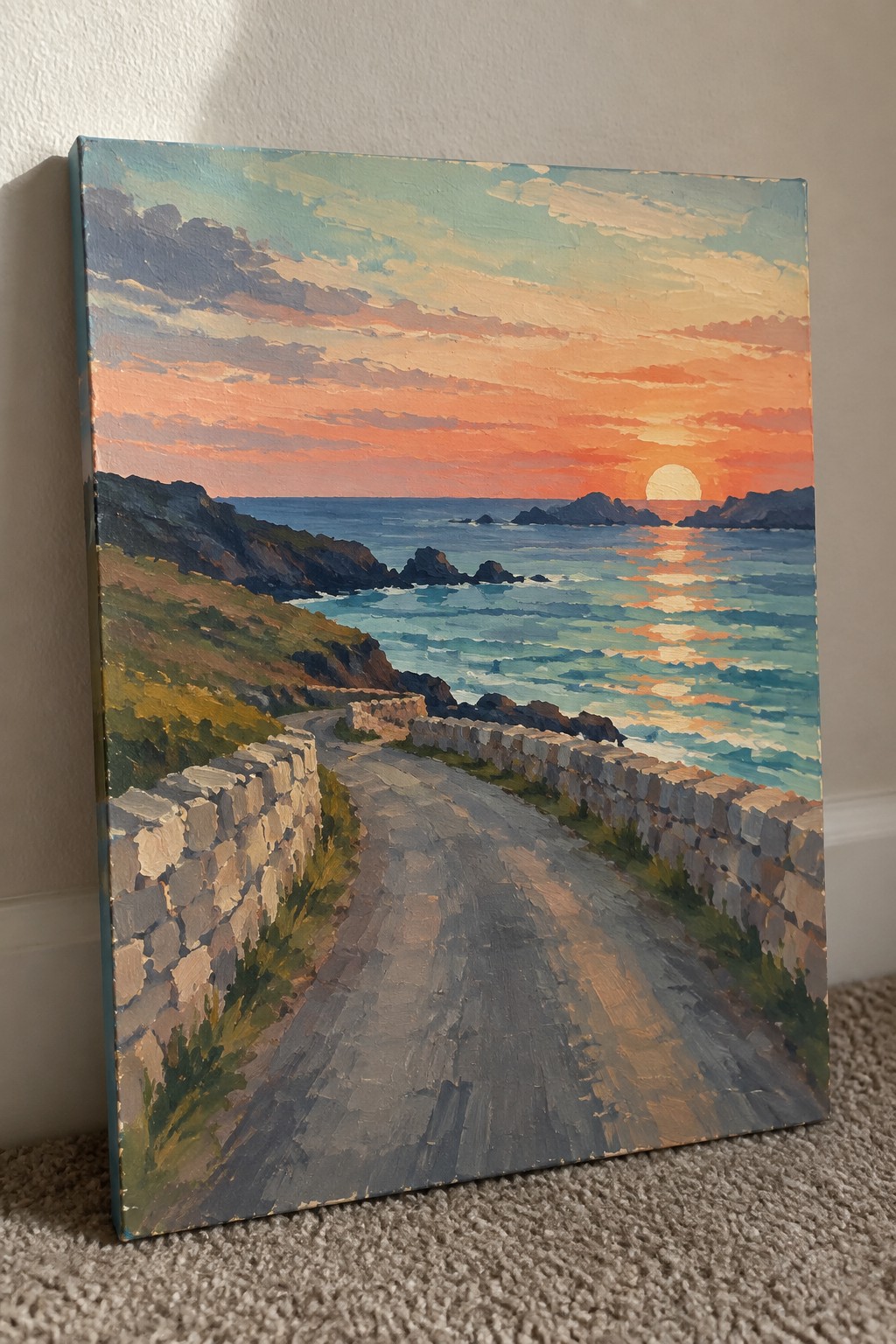 Landscape painting of winding coastal road at sunset with stone walls and cliffs