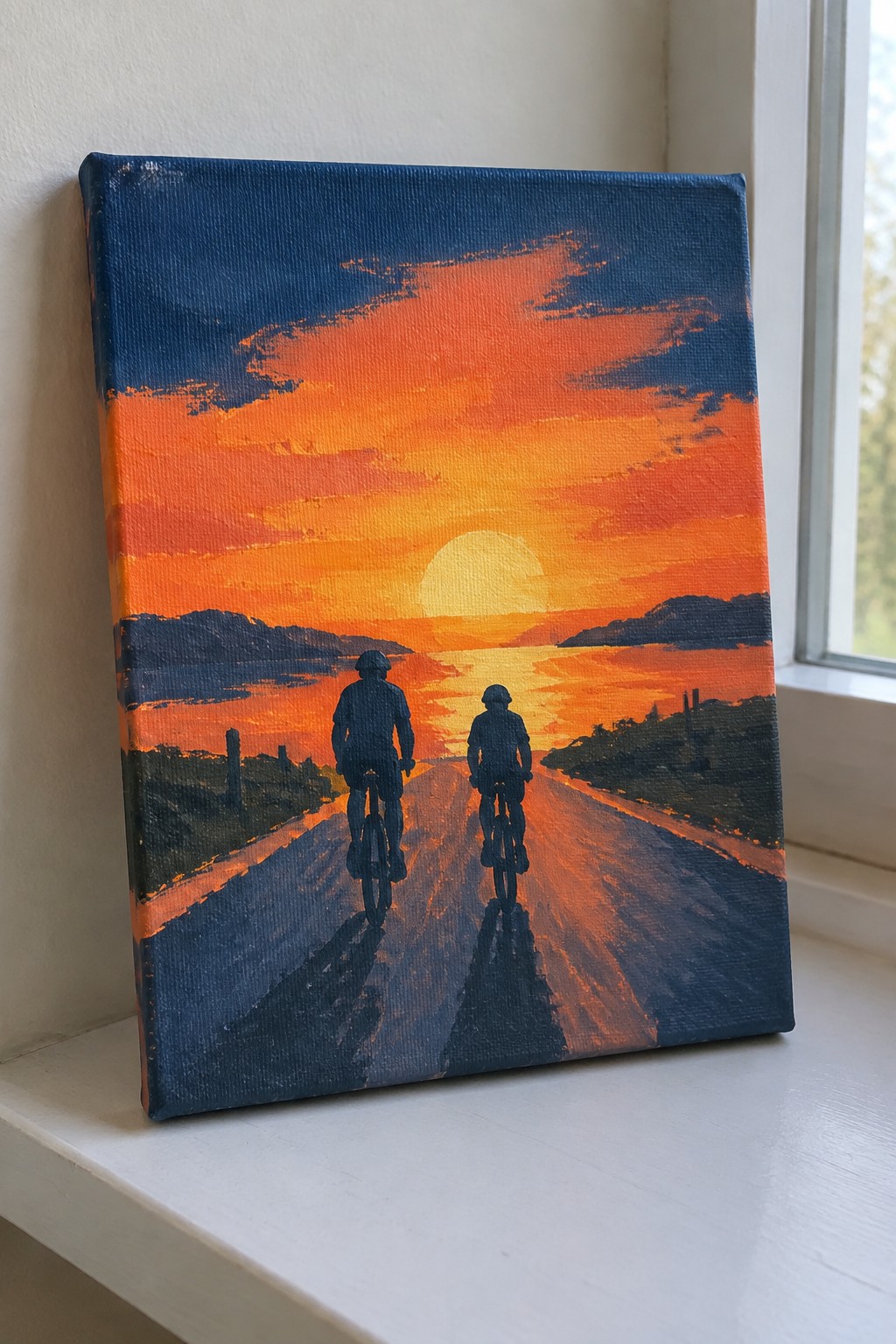 An acrylic painting on canvas showing two silhouetted cyclists riding down a road toward a large orange sun setting over mountains and water under a blue and orange sky.
