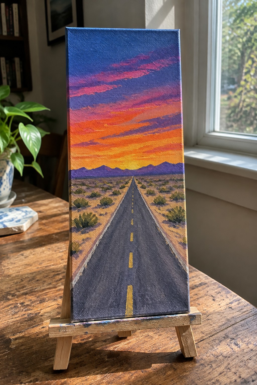 Vibrant sunset desert highway painting on wooden easel atop table.