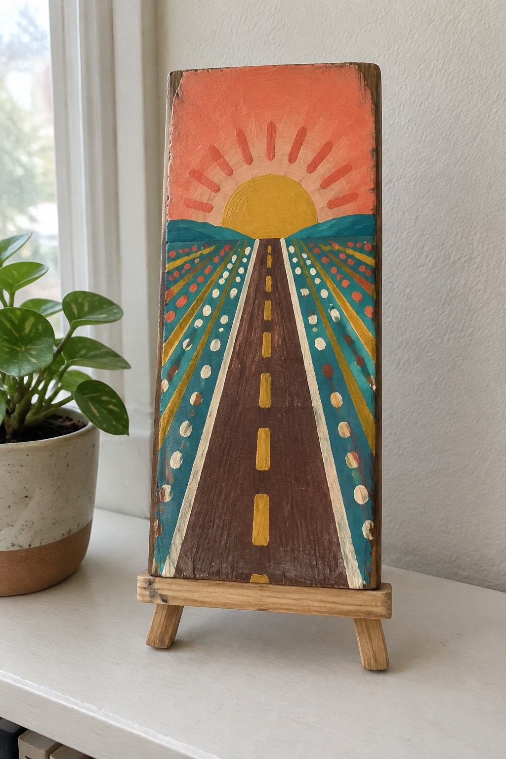 Colorful wooden plaque on easel showing road to yellow sun with teal hills.