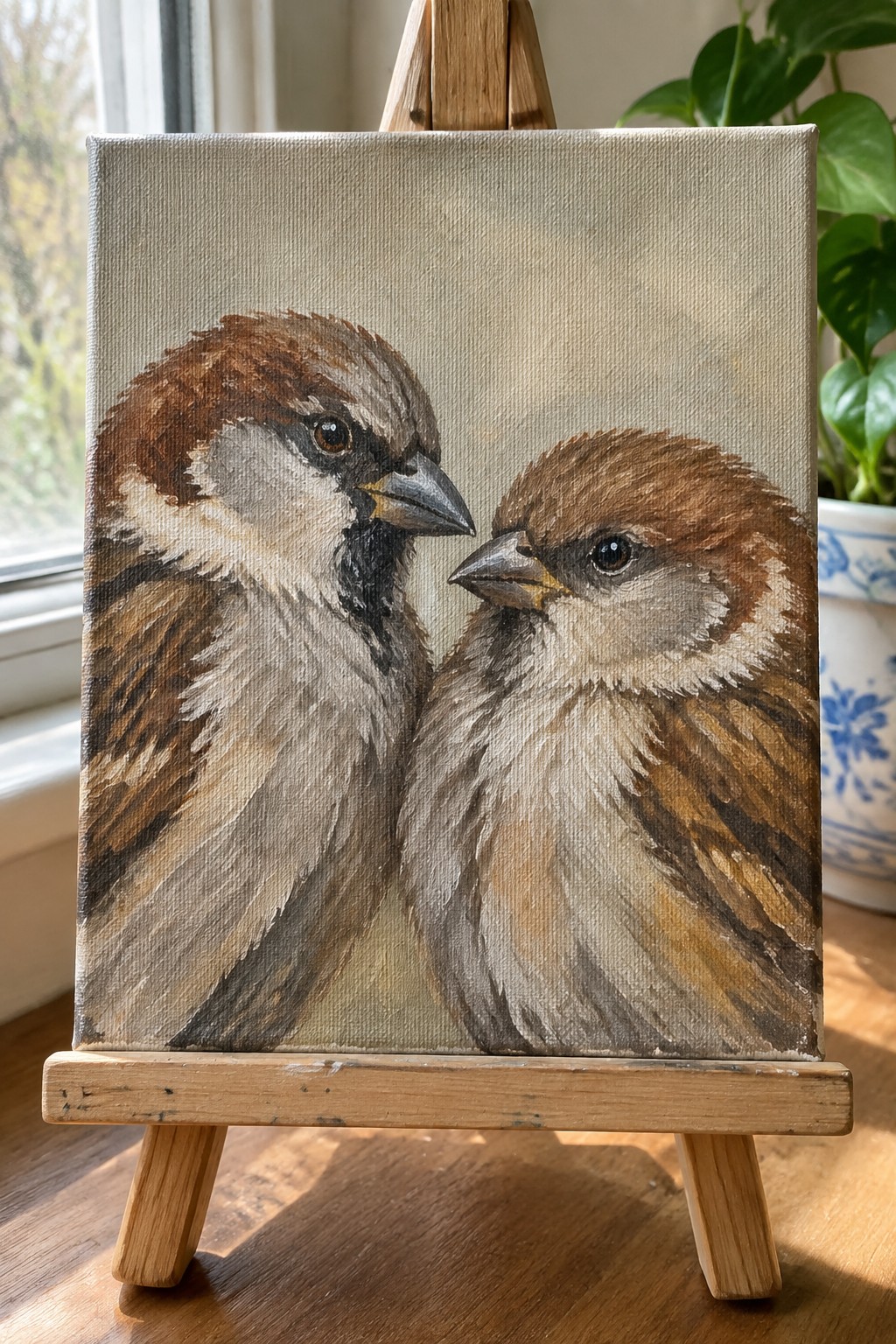 Painting of two brown sparrows facing each other on wooden easel