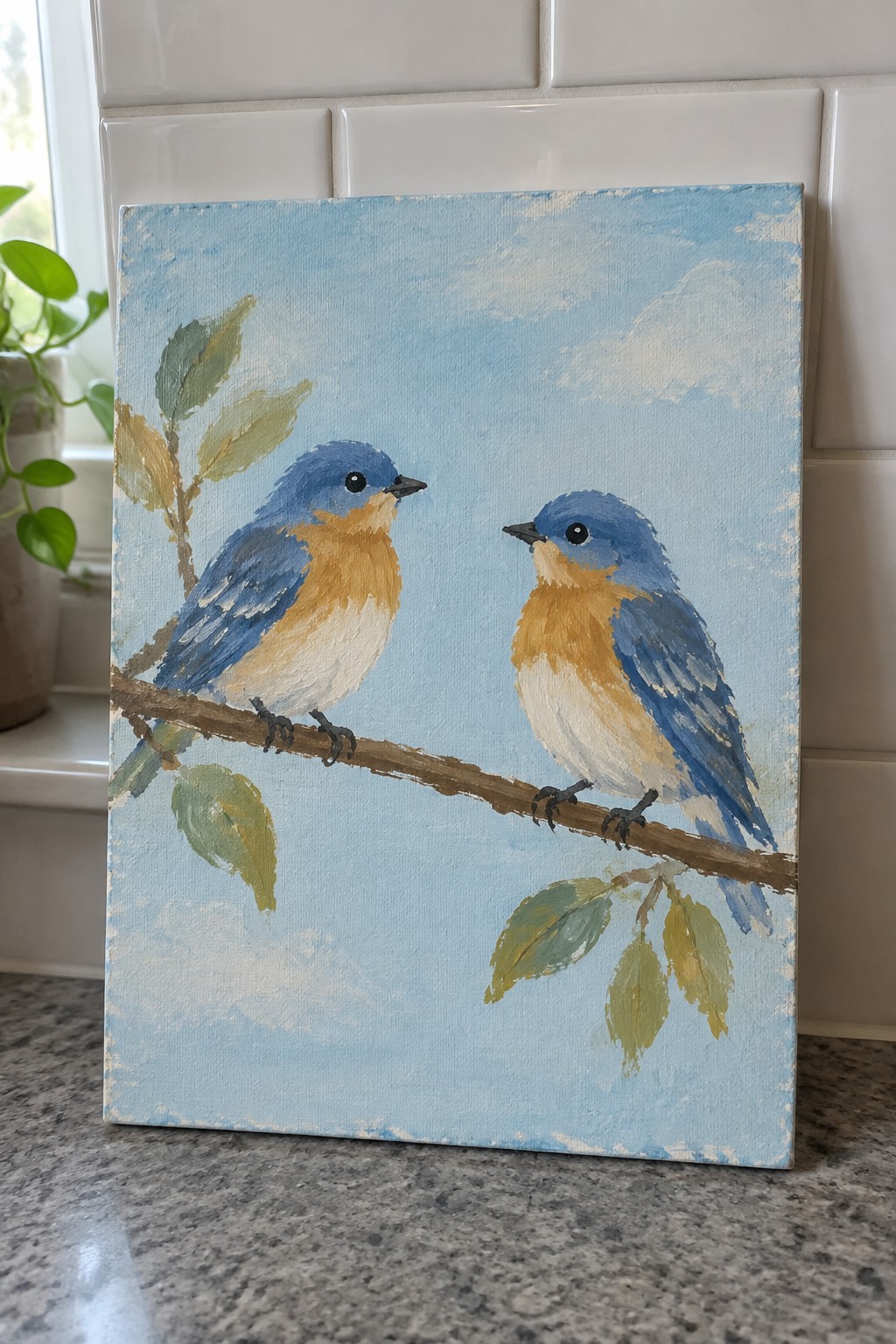 Two bluebirds with orange chests perch facing each other on a leafy branch against a cloudy sky.