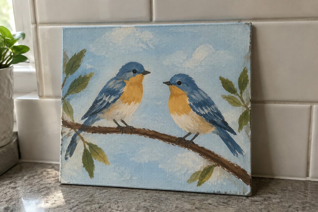 Two bluebirds with orange chests perch facing each other on a leafy branch against a cloudy sky.