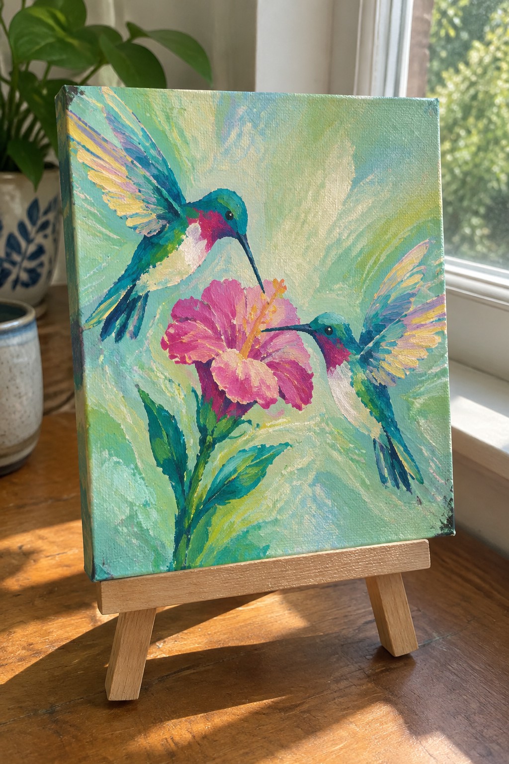 Two colorful hummingbirds hover by pink hibiscus in vibrant painting on easel