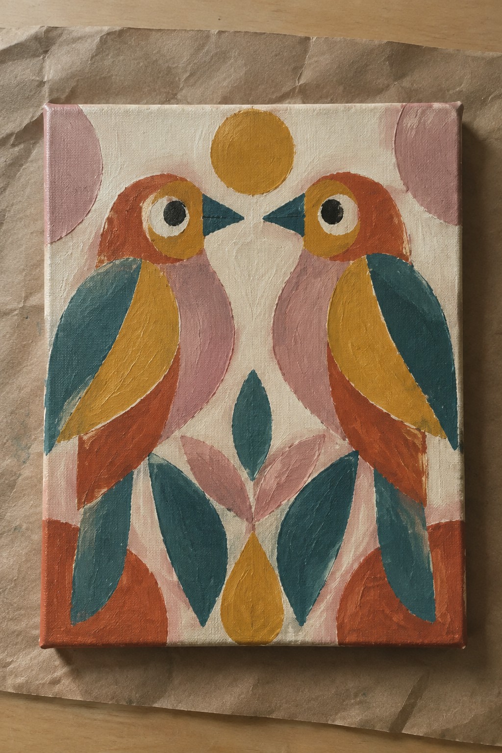 Abstract painting of two colorful birds facing each other with yellow sun and leaves.