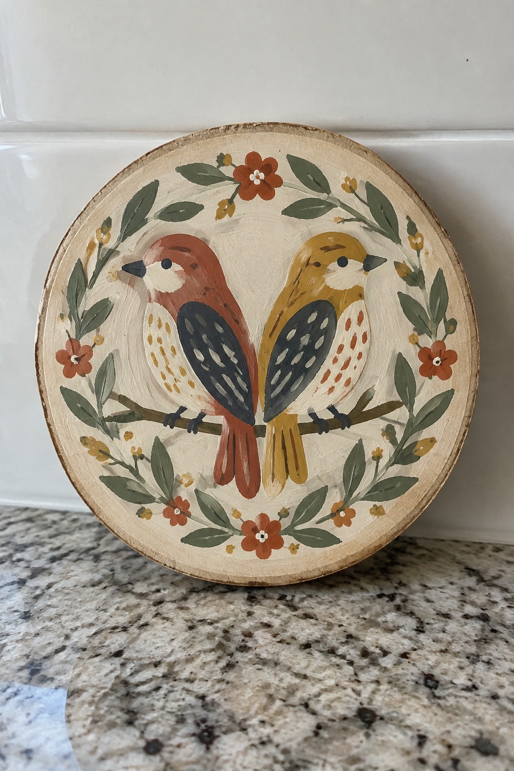 Folk-style wooden plate with two colorful birds on a branch amid flowers