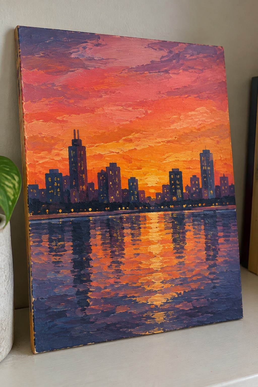 Thickly textured painting of city skyline at vibrant orange-purple sunset over reflective water