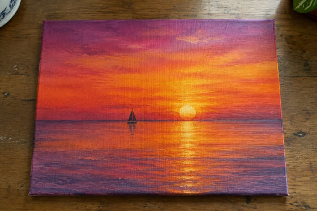 Vibrant sunset painting with orange sky, sun, sailboat, and reflective sea on canvas.