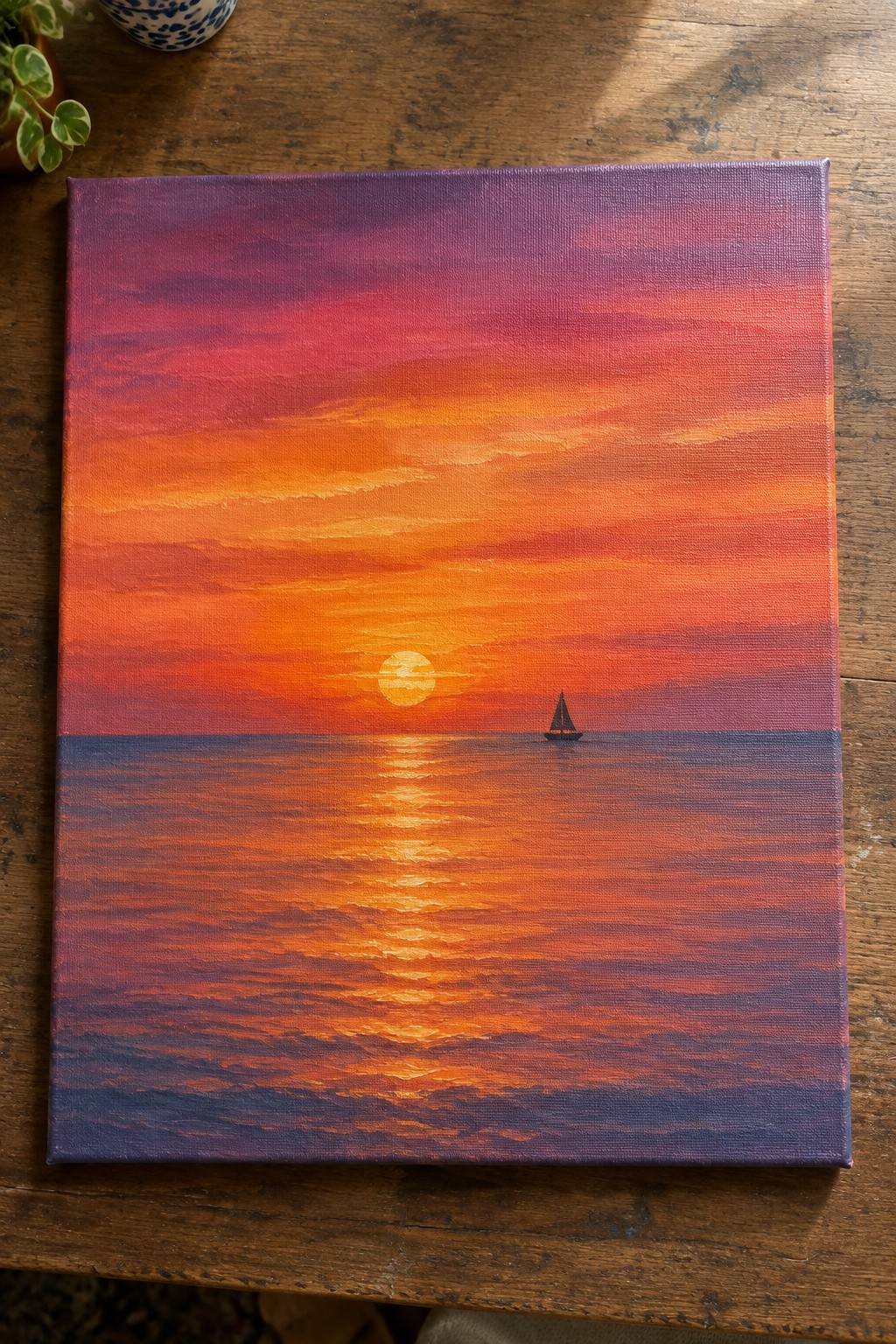 Vibrant sunset painting with orange sky, sun, sailboat, and reflective sea on canvas.