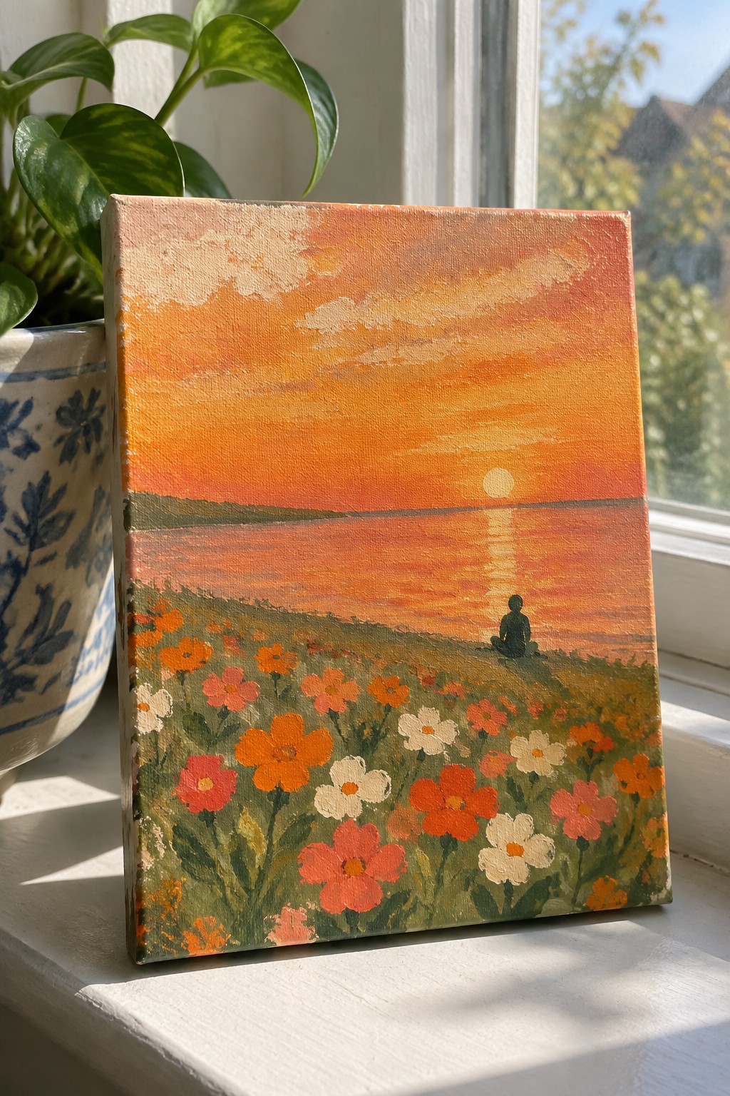 An acrylic painting on a small canvas shows an orange sunset over a field of colorful flowers with a silhouetted person sitting in the distance, resting on a windowsill beside a potted plant.