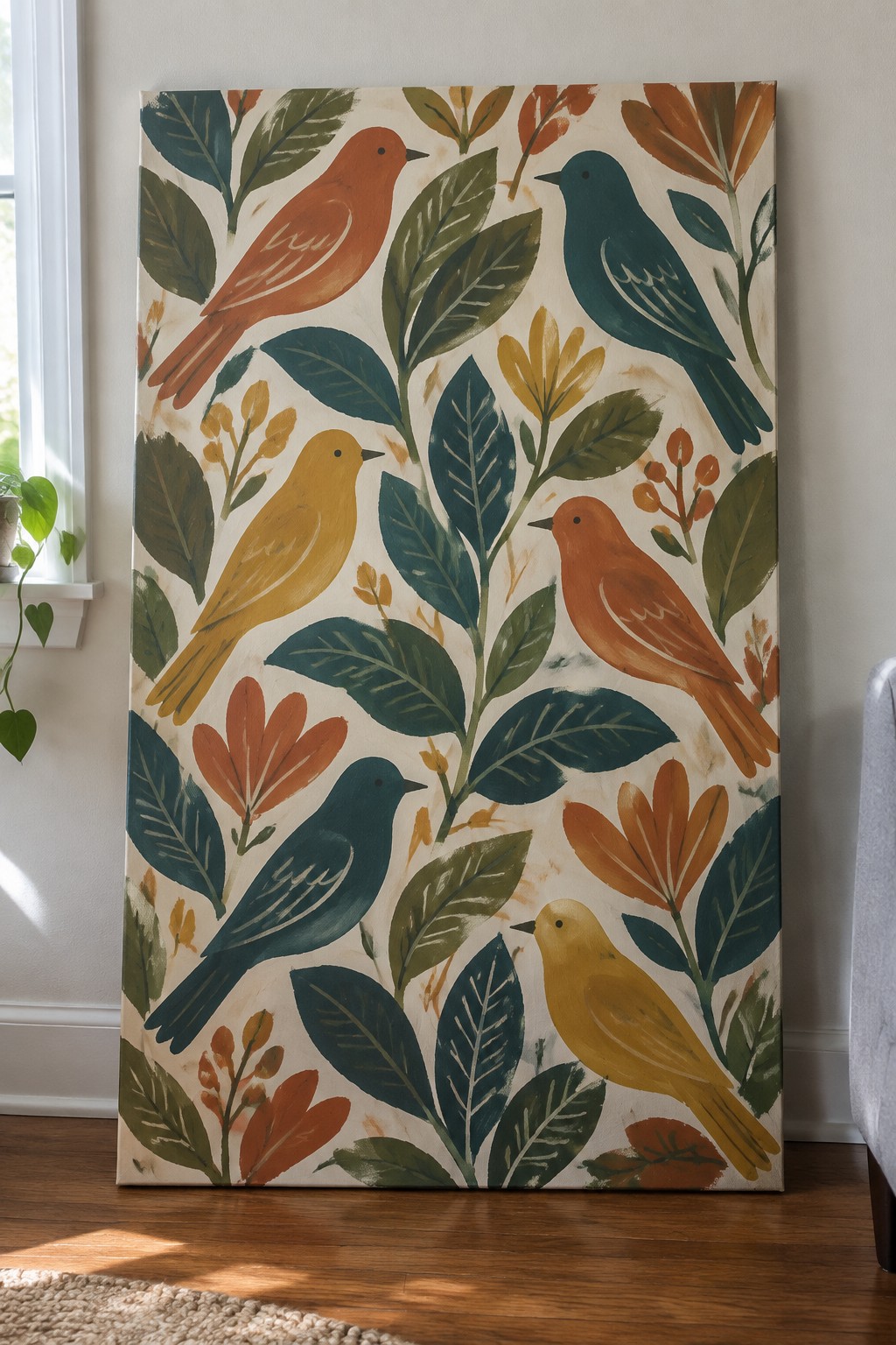 Colorful folk art canvas with orange, teal, and yellow birds amid green leaves and flowers