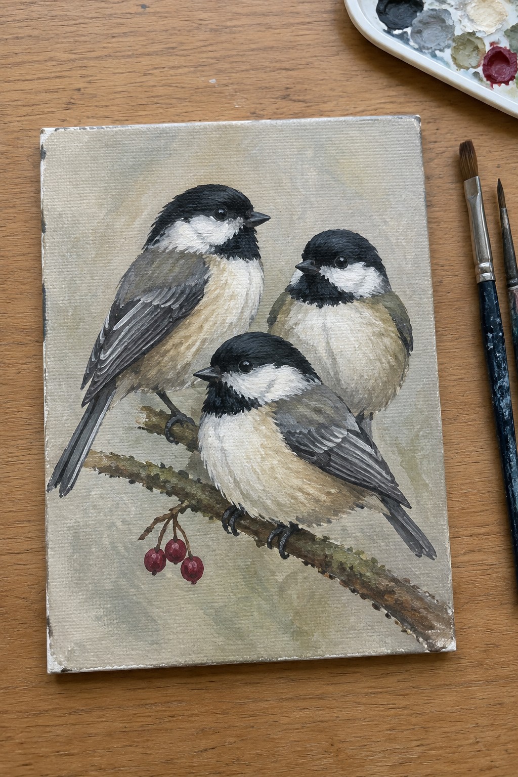 Three chickadees perched on a berry branch, painted on canvas with brushes nearby