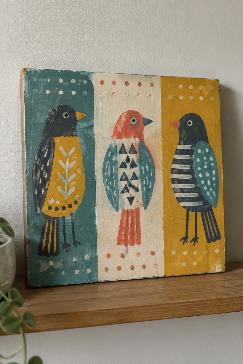 Three folk art birds on a triptych wooden panel with dotted colorful backgrounds.
