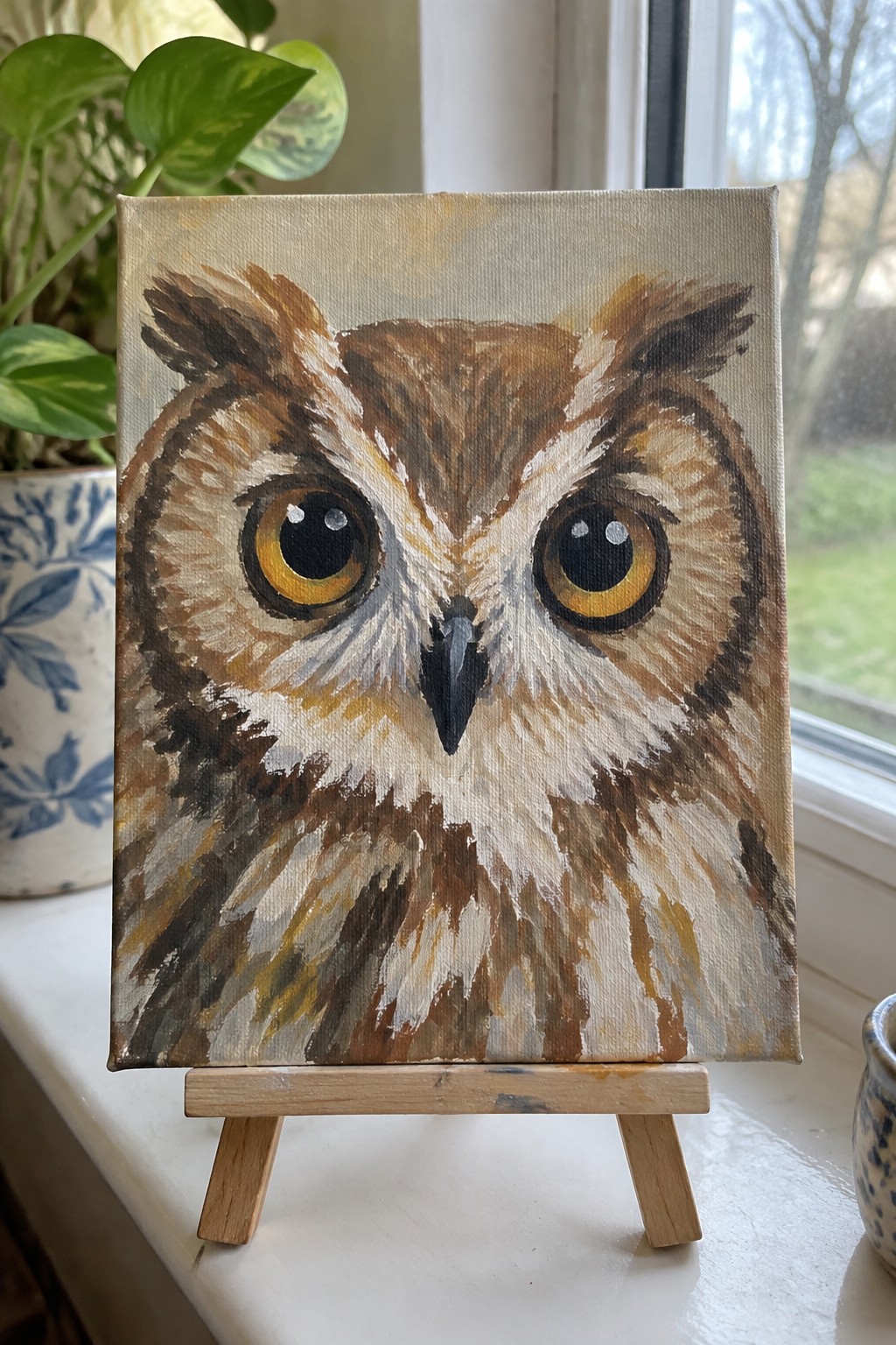 Owl painting with large yellow eyes on canvas atop wooden easel by window