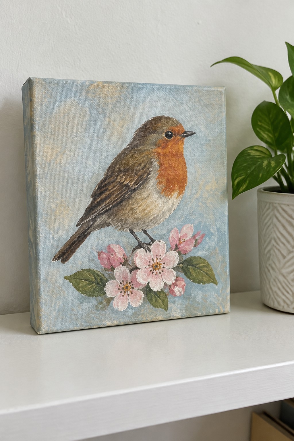 Canvas painting of robin on pink blossoms beside potted green plant