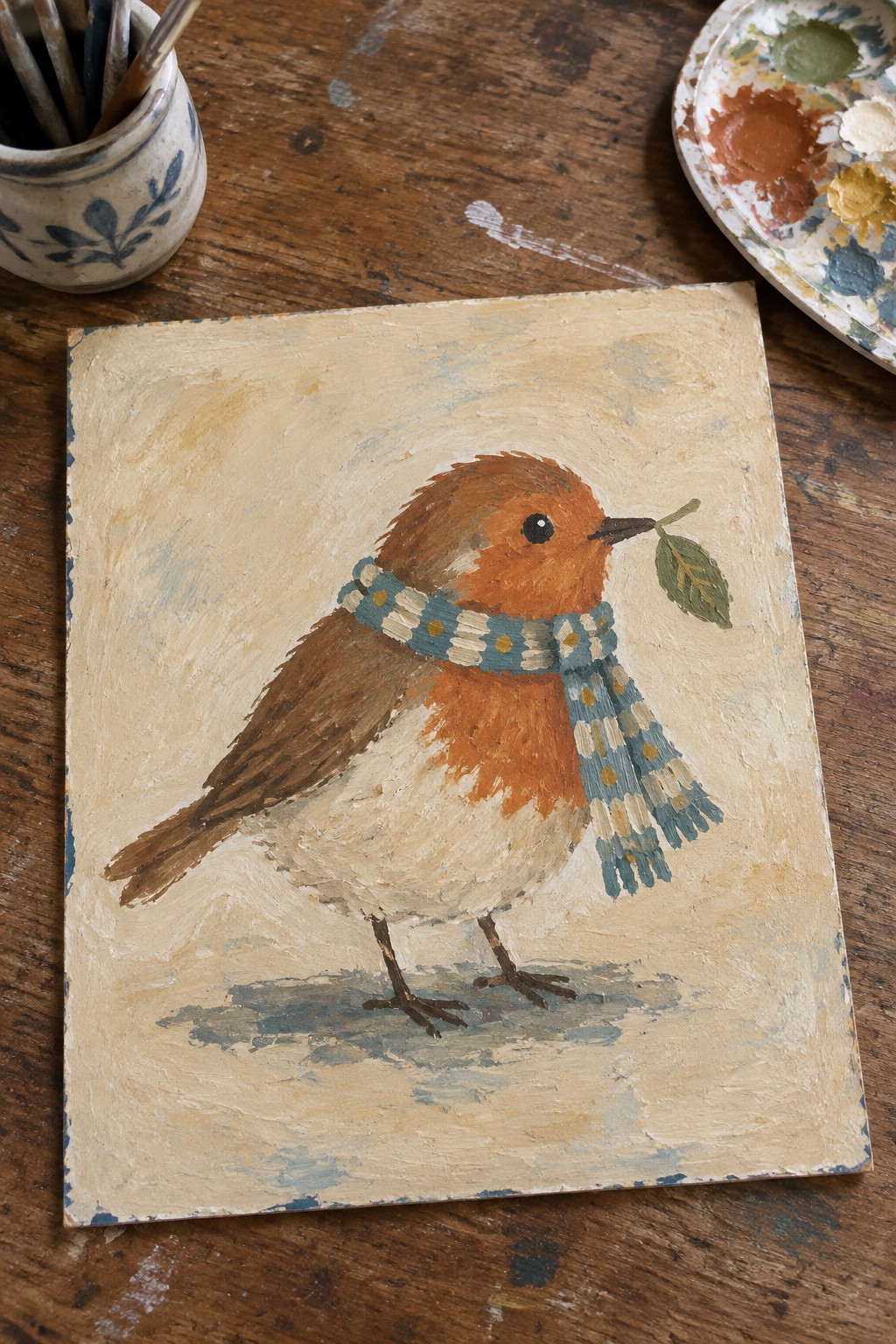 Oil painting of robin in blue scarf holding leaf beside paint palette on wood