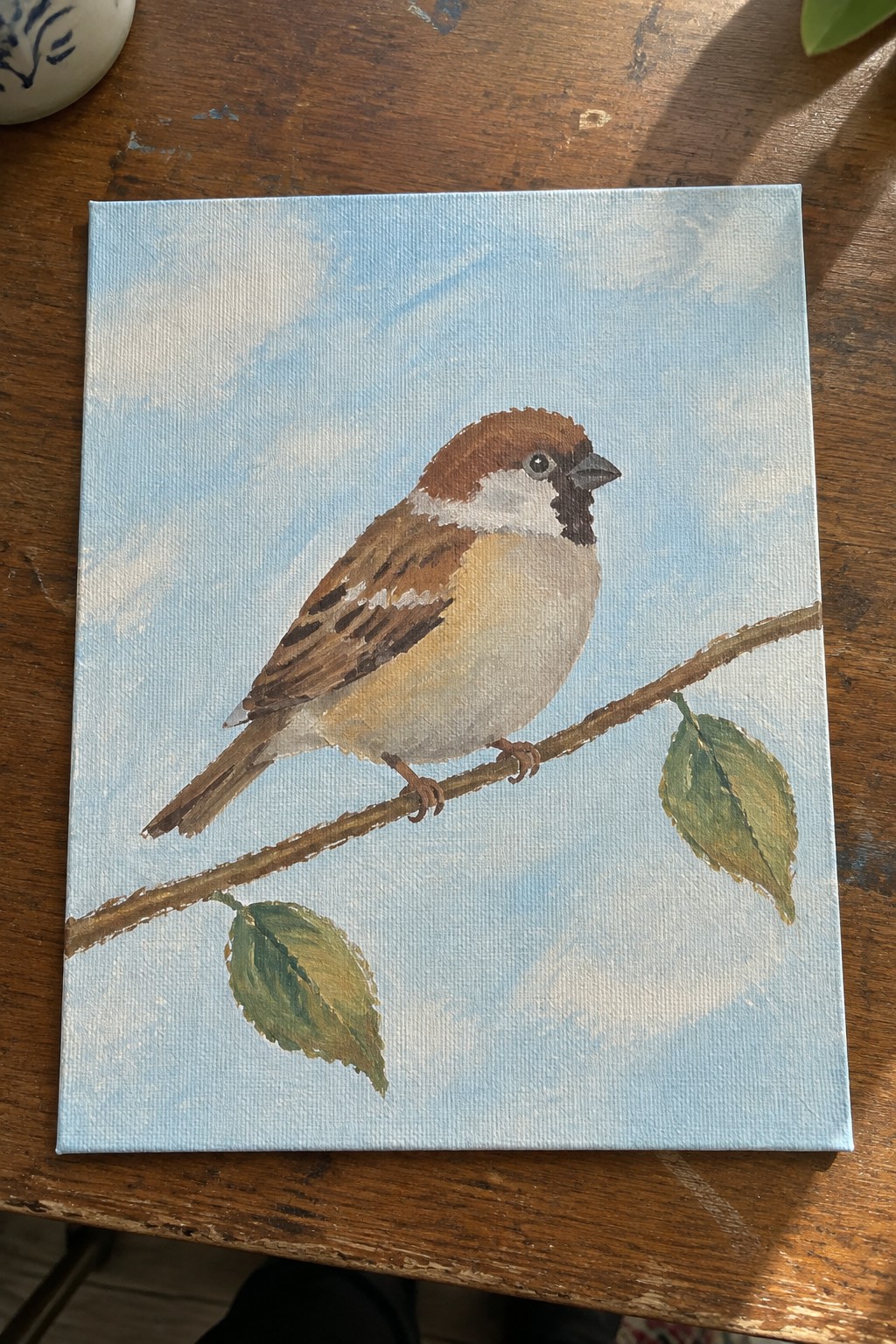 Sparrow with brown head perched on branch with green leaves against blue sky