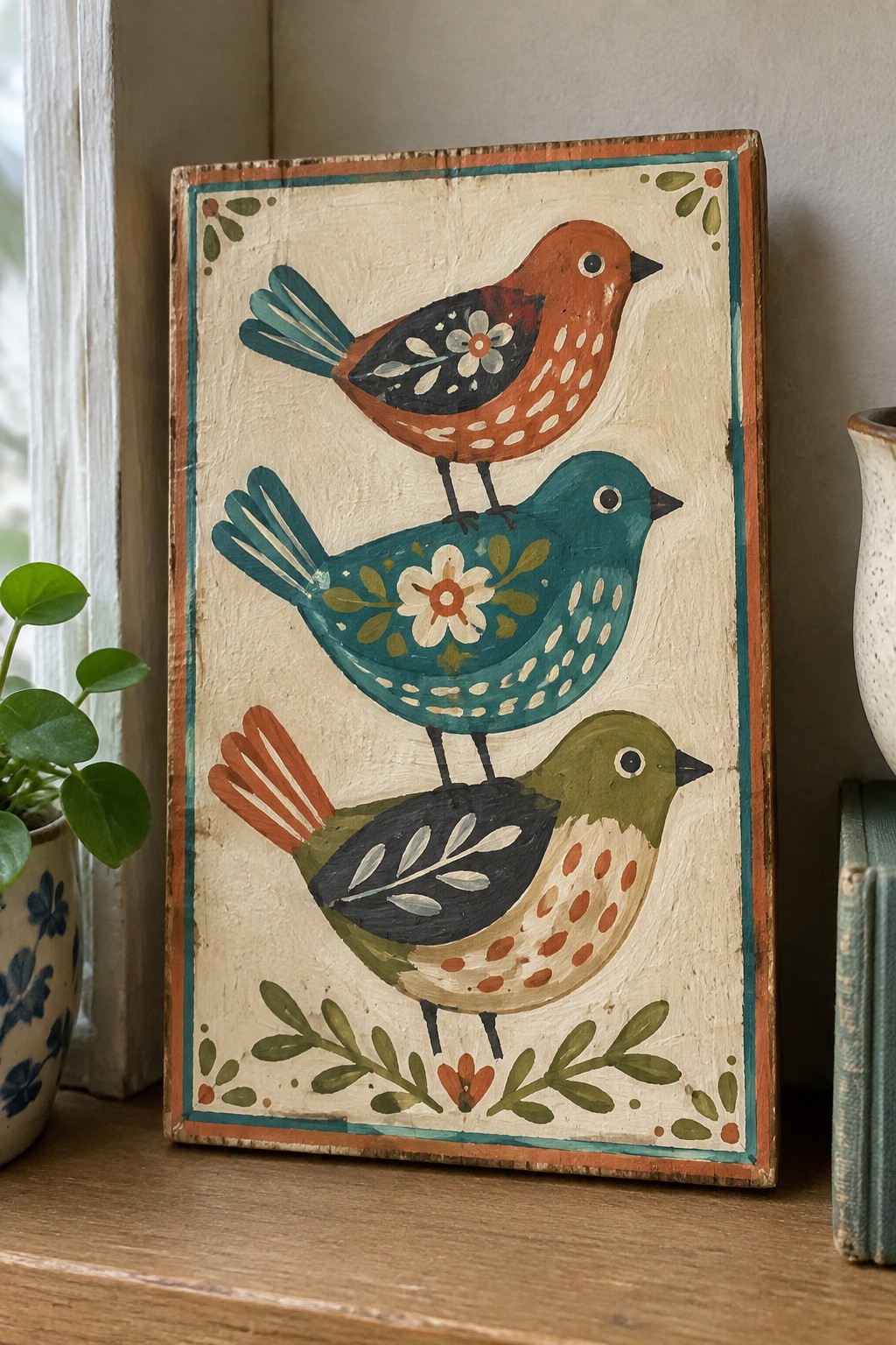 Folk art wooden plaque with three colorful stacked birds and floral details.