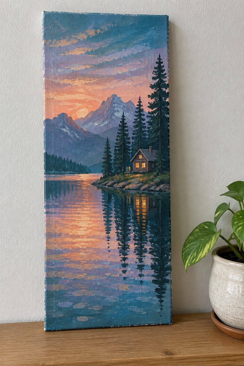 Canvas painting of a lit cabin by a reflective mountain lake at vibrant sunset