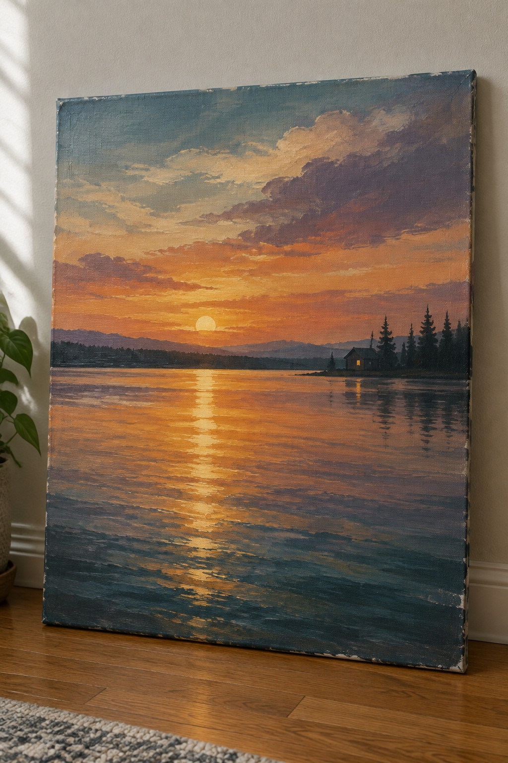 Large canvas painting of vibrant sunset reflecting on lake with cabin and mountains