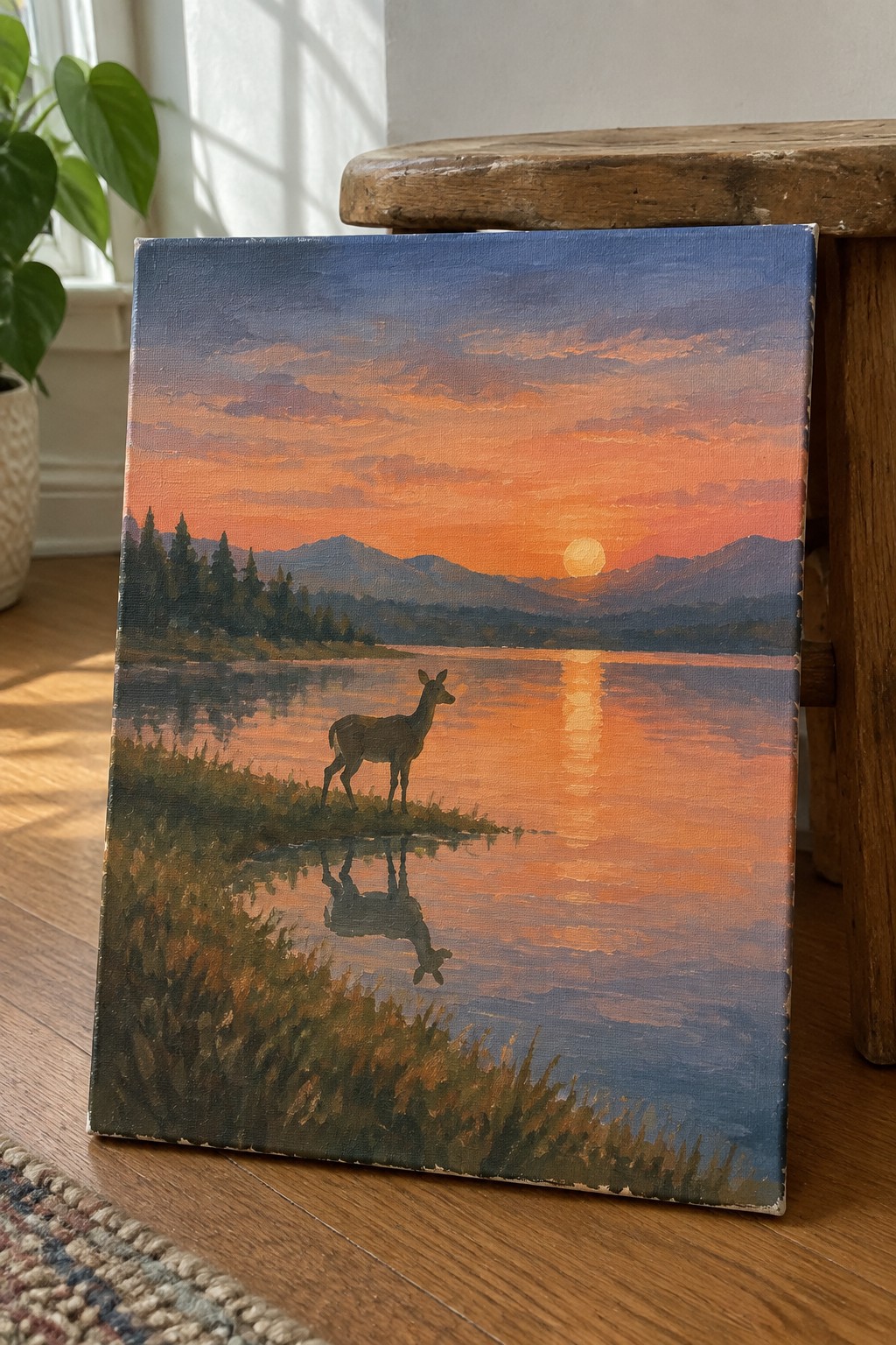 Painting of deer by reflective lake at orange sunset with mountains in background on canvas