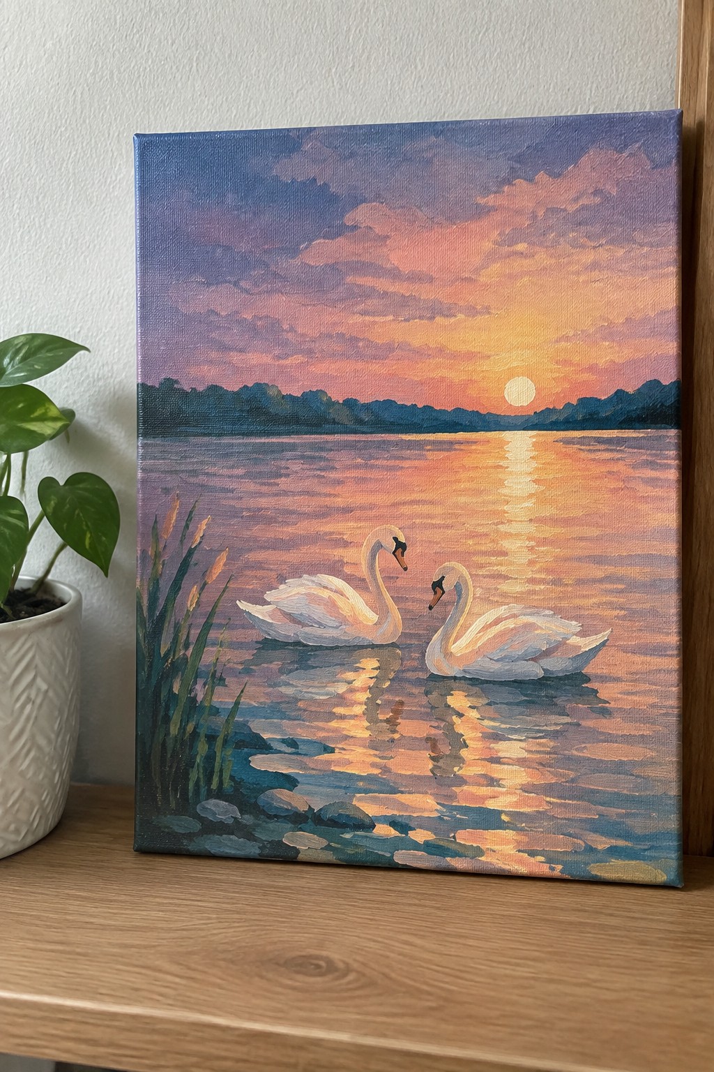 Two swans on rippled lake under vibrant orange-purple sunset with sky reflections.