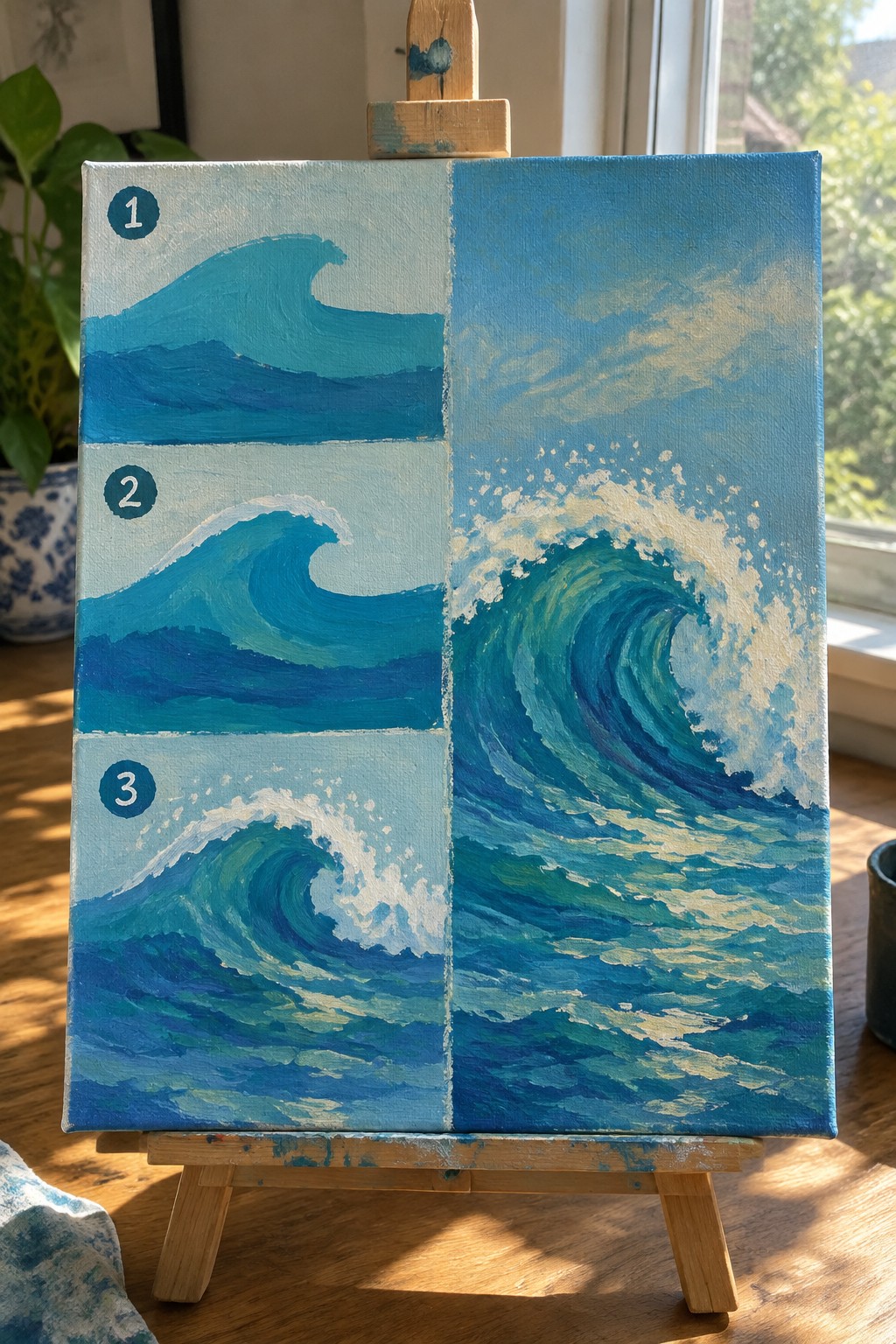 Canvas on easel shows three numbered wave stages beside detailed blue ocean painting