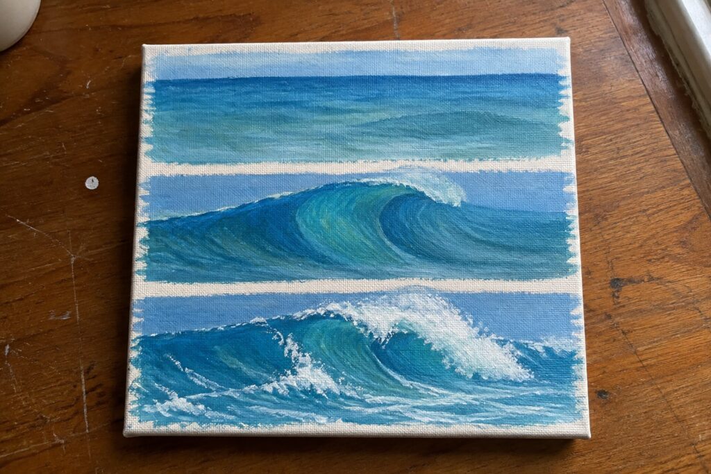 Canvas painting of blue ocean waves curling and breaking with white foam