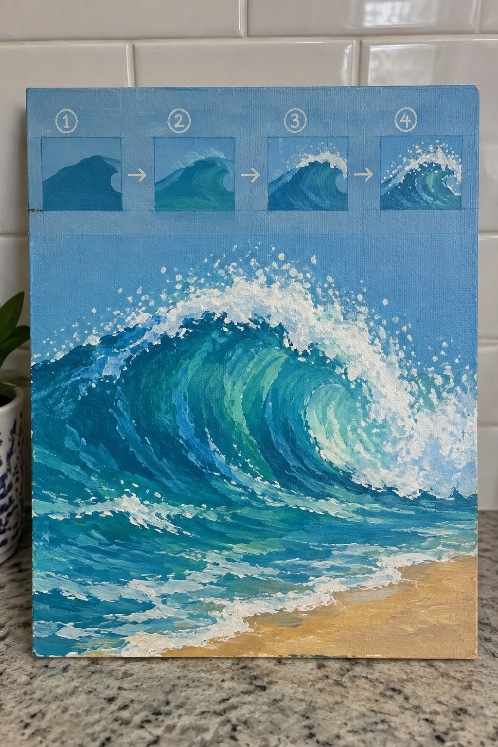 Acrylic painting of a large curling ocean wave with four numbered panels at the top showing wave painting stages from silhouette to full detail with foam.