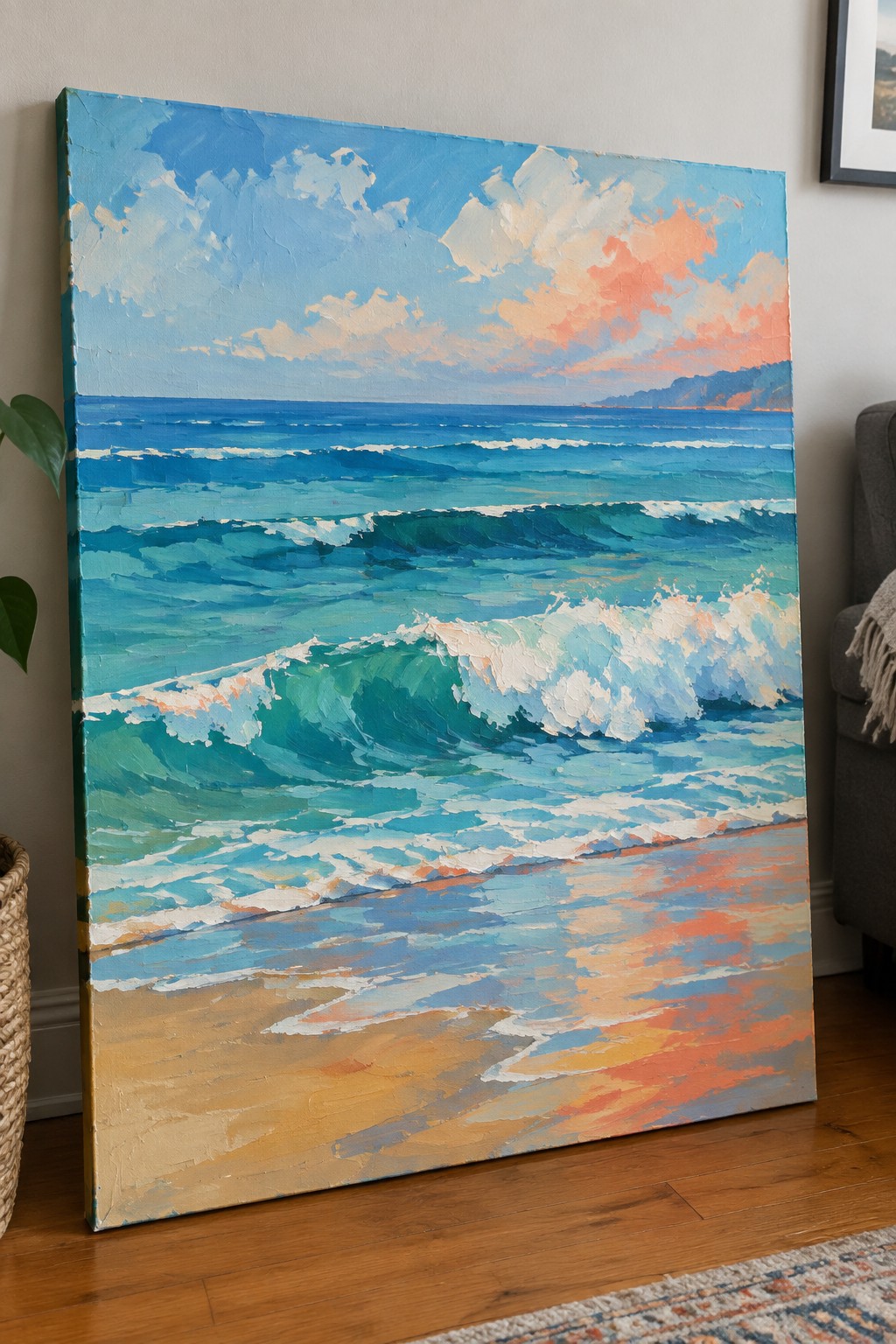 Vibrant painting of turquoise waves crashing on sandy beach under pink sunset sky