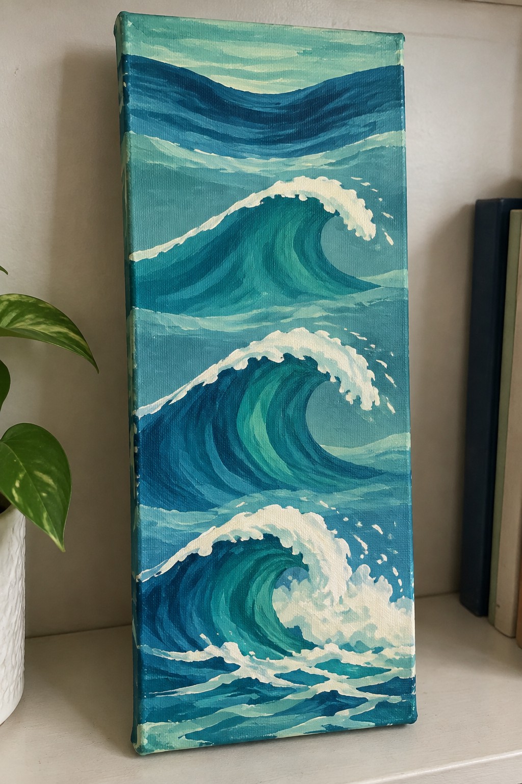 Vertical canvas painting of curling blue-green ocean waves with white foam crests.