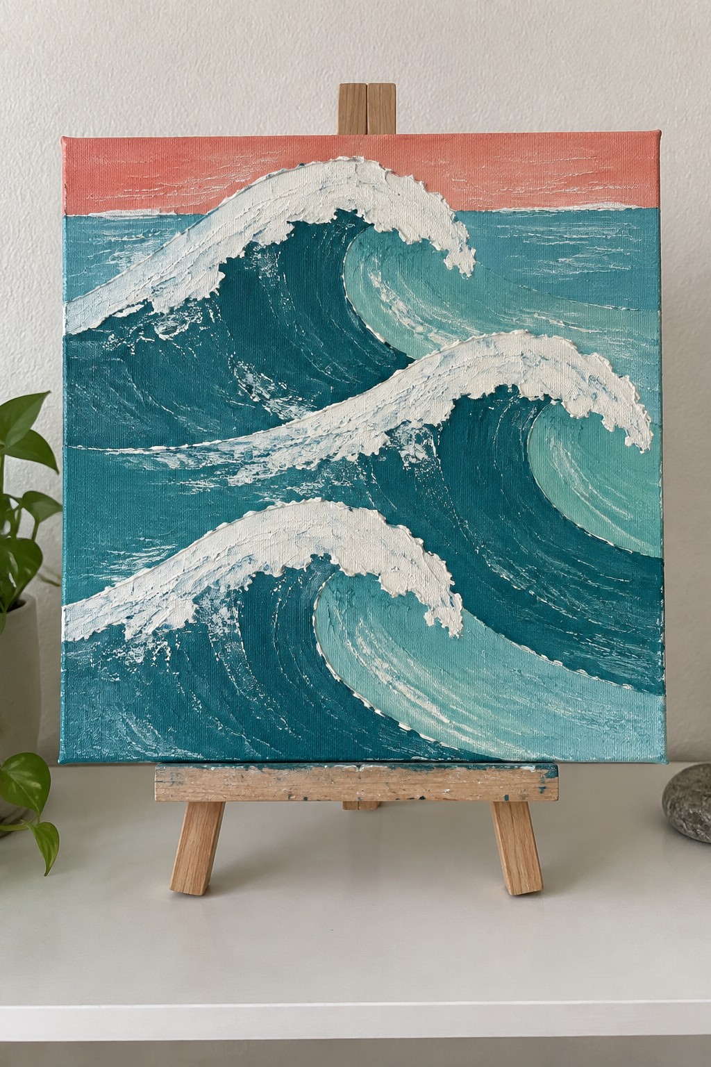 Teal wave painting with thick white foam on canvas atop wooden easel
