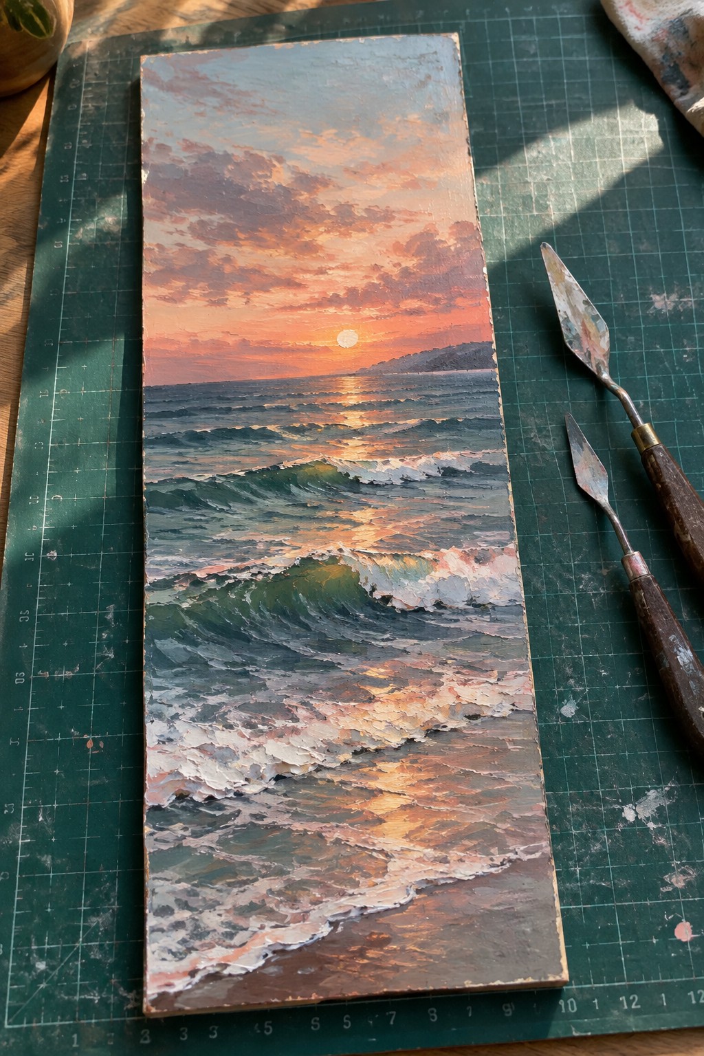 Sunset seascape painting on green mat beside two palette knives