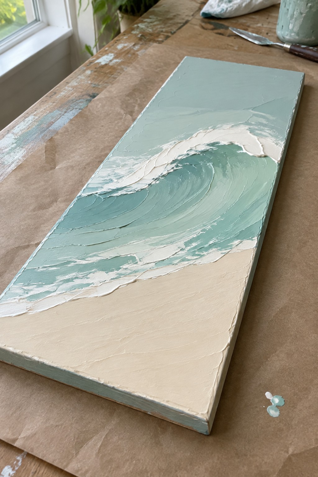 Textured wave painting in teal and beige on wooden studio table with palette knife.