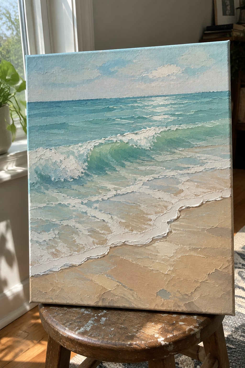 Textured painting of turquoise waves crashing on sandy beach atop wooden stool