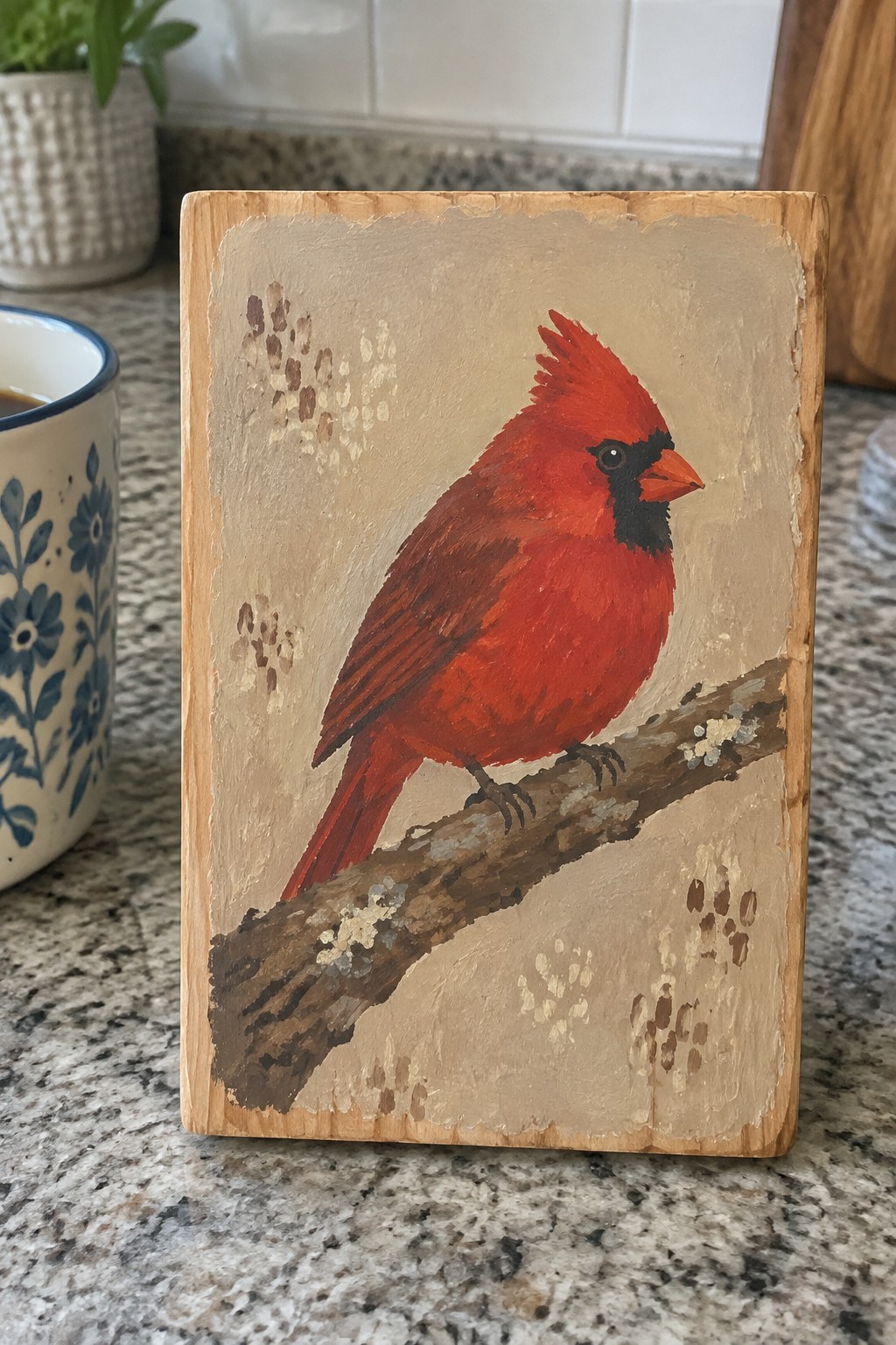Red cardinal with black mask perched on branch, painted on wooden plaque with beige background