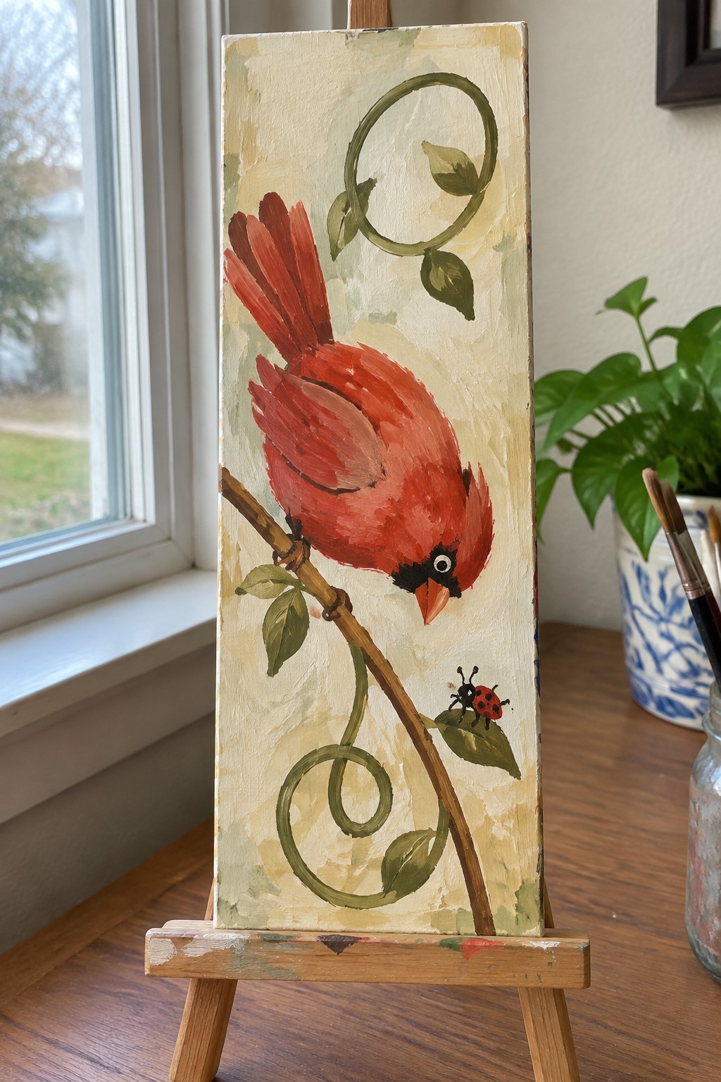 Red cardinal painting on easel with ladybug, green vines, and branch
