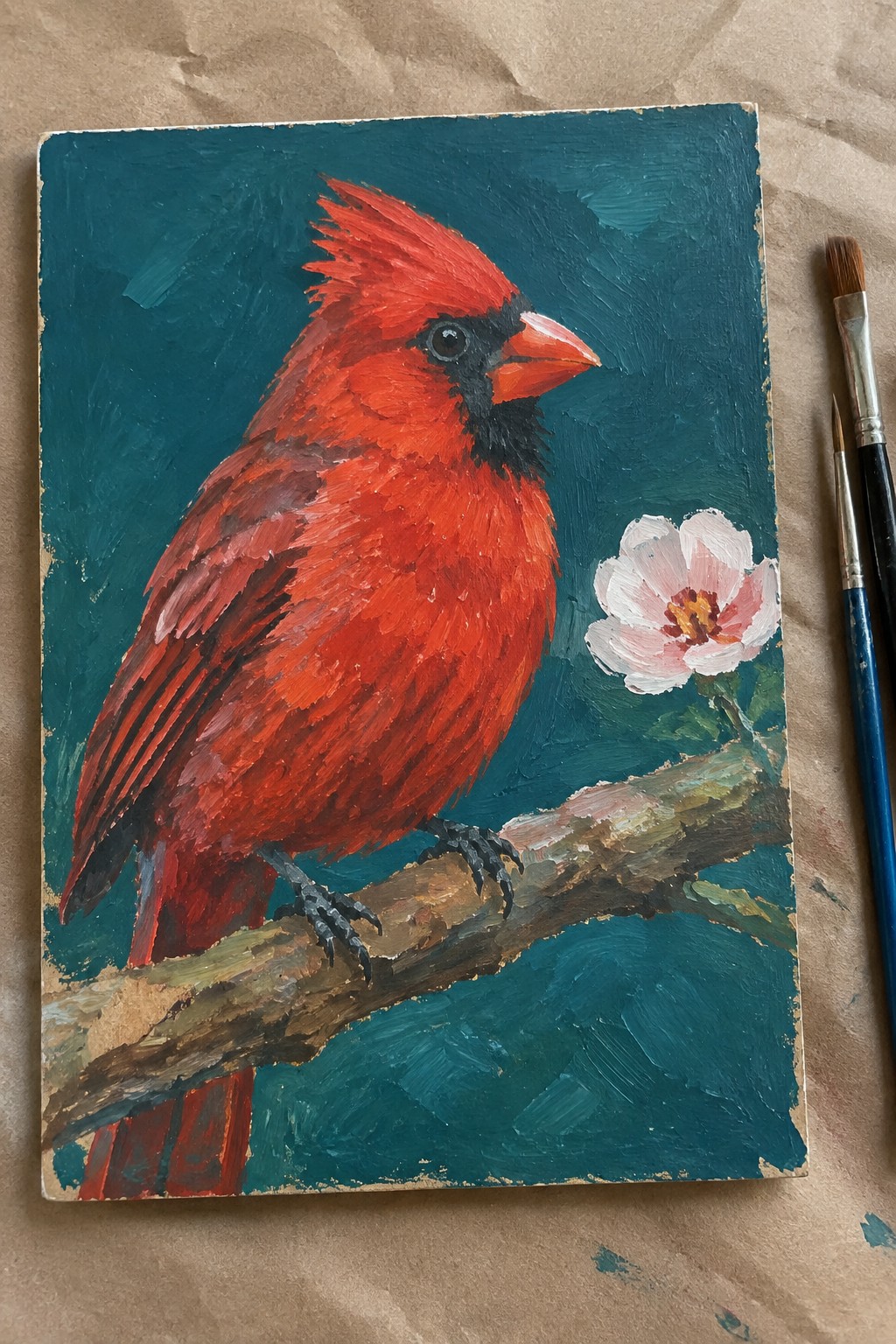 Impasto painting of red cardinal on branch beside pink flower with paintbrushes
