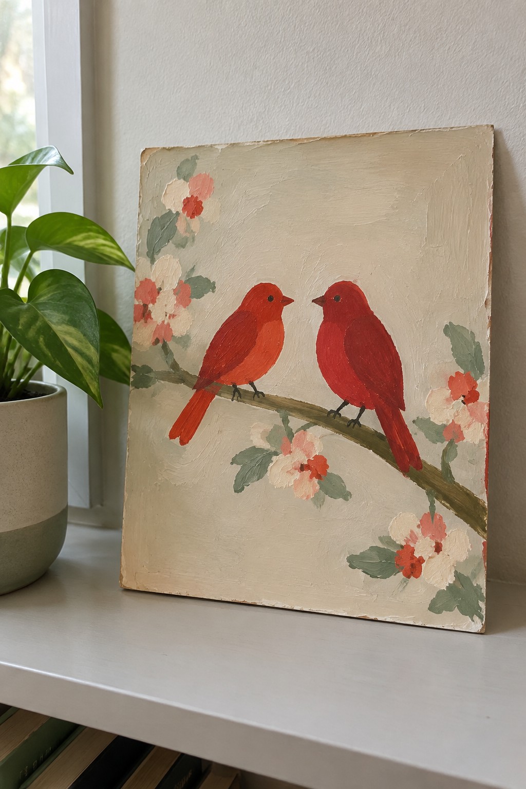 Two red birds on a flowering branch in a painting beside a potted plant on a windowsill.