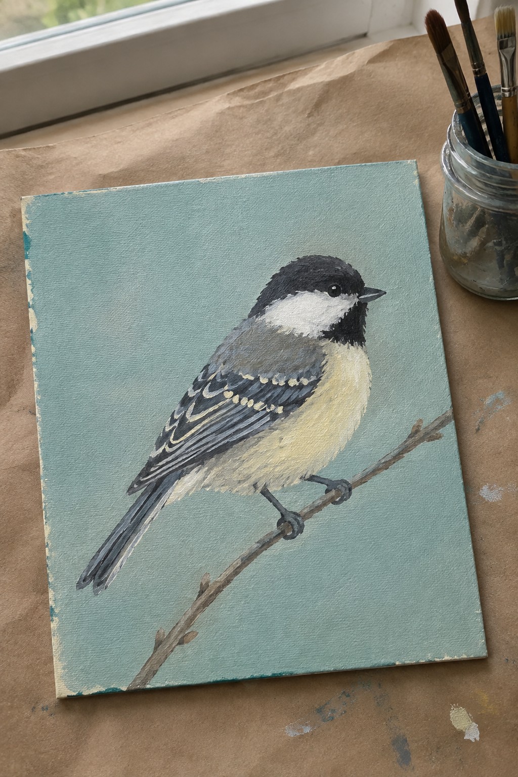 Painted canvas of chickadee on branch against light blue-green background beside paintbrushes.