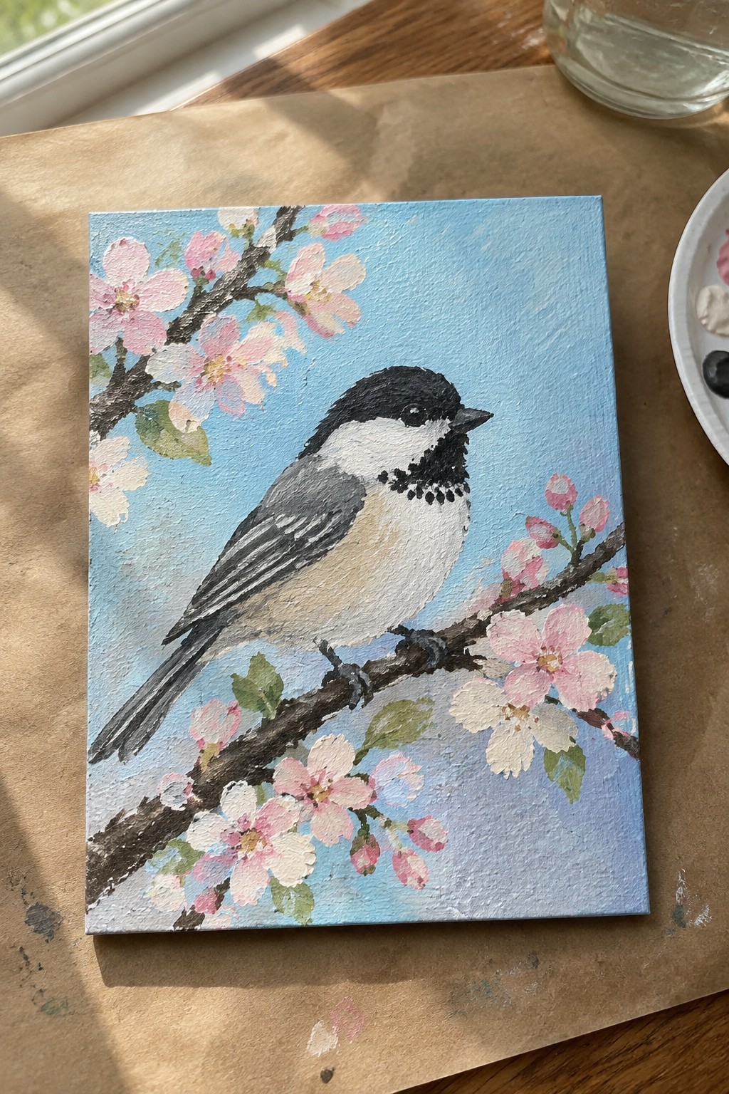 An acrylic painting of a black-capped chickadee perched on a branch with pink cherry blossoms against a light blue sky.