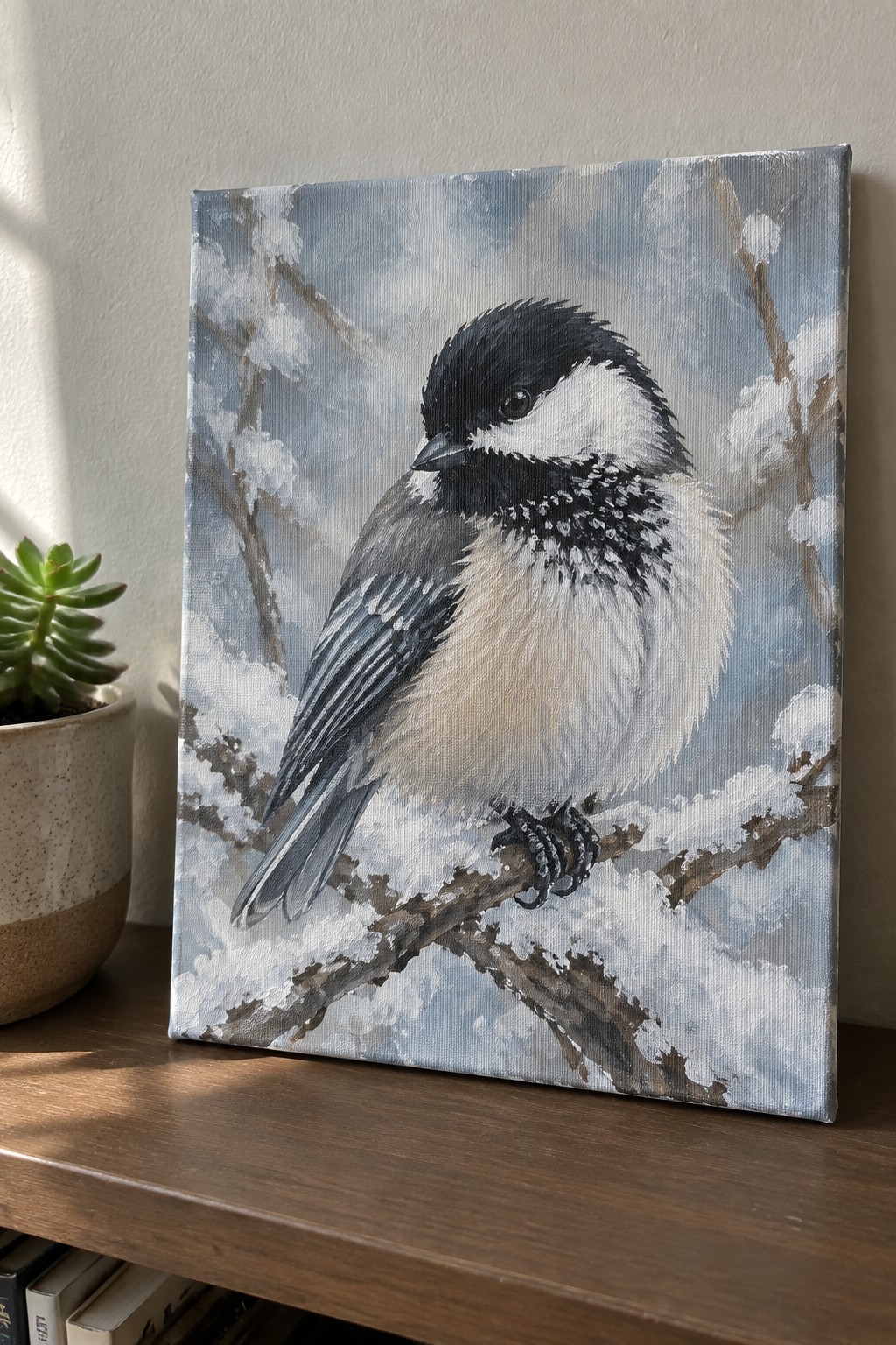 Canvas painting of chickadee on snowy branch beside potted succulent on wooden surface