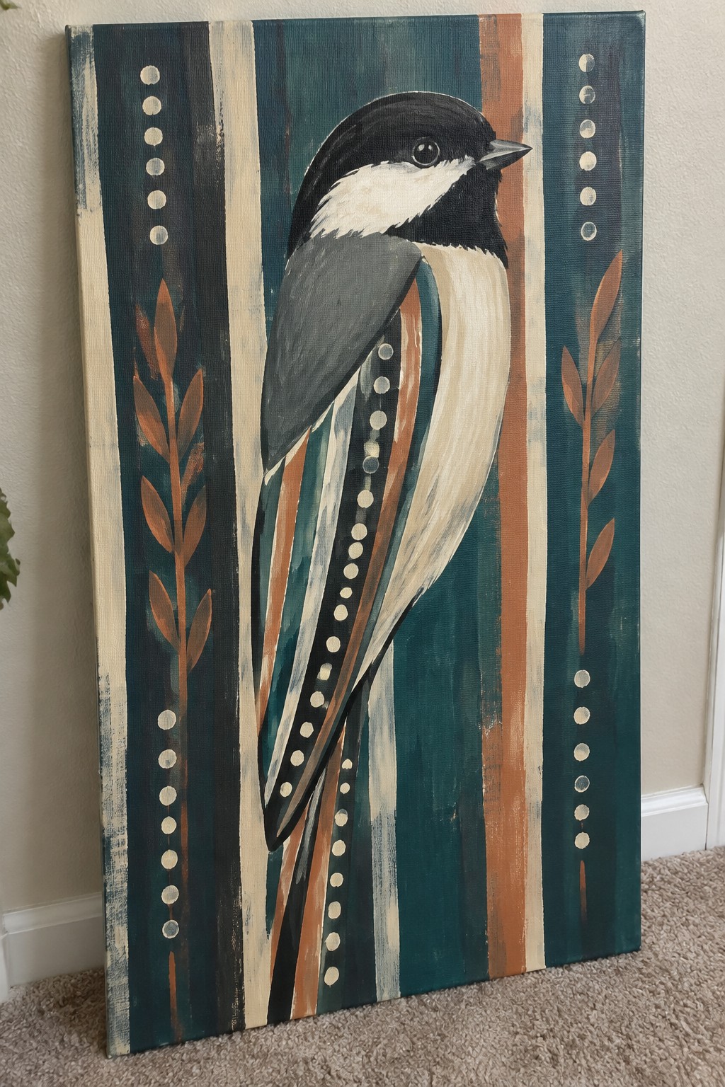 Chickadee bird painting on teal striped canvas with brown leaves and dotted patterns