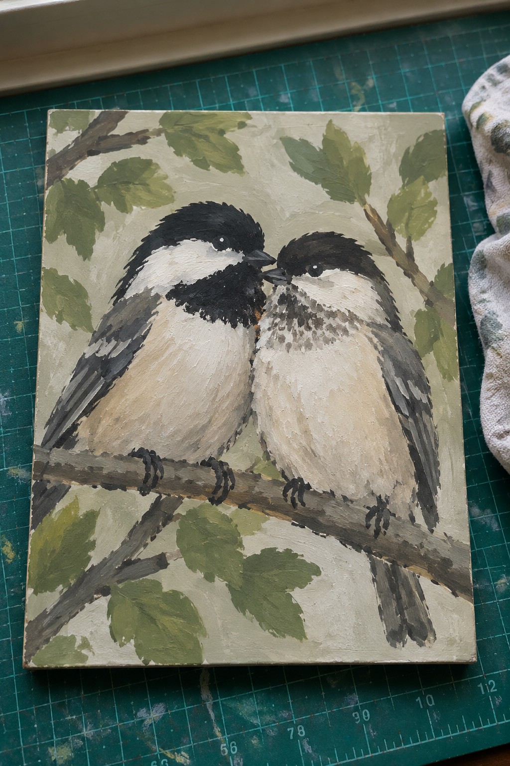 Two chickadees nuzzling beaks on a leafy branch in an oil painting